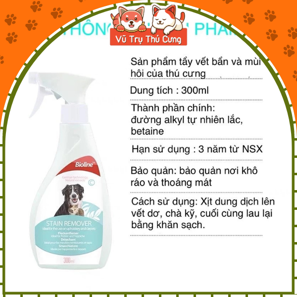 Xịt khử mùi hôi nước tiểu chó mèo, kháng khuẩn Bioline 300ml