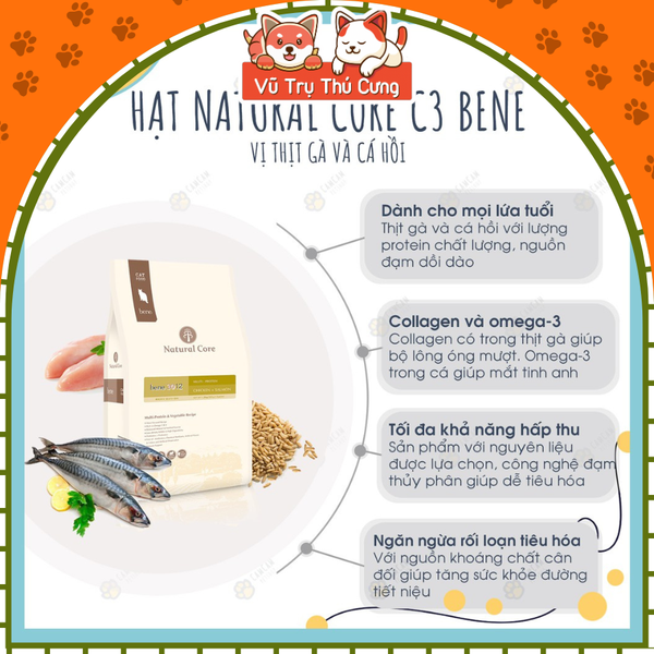 Hạt hữu cơ Natural Core Bene C3 cho Mèo 500g, thịt gà và cá hồi