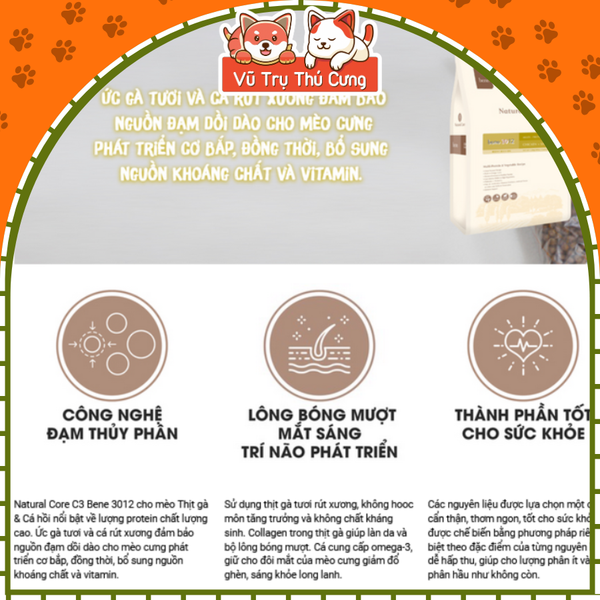 Hạt hữu cơ Natural Core Bene C3 cho Mèo 500g, thịt gà và cá hồi