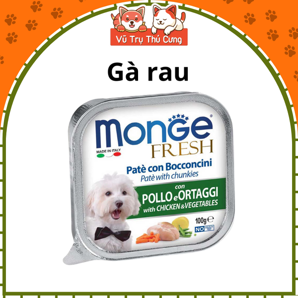 Pate cho Chó MONGE hộp 100g, từ Thịt và Rau củ quả, cung cấp chất xơ và Vitamin cho Chó