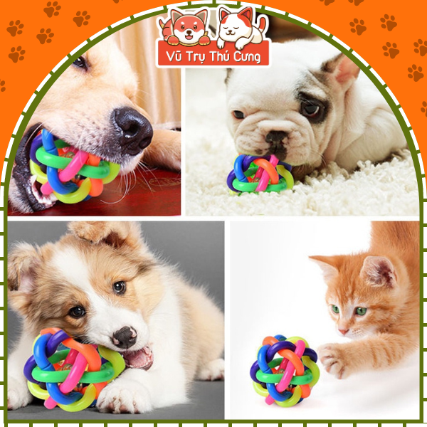 Đồ chơi gặm cho Chó mèo, bóng cao su nhiều màu có chuông leng keng