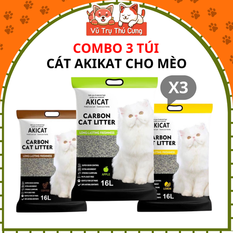 Combo 3 túi Cát vệ sinh cho Mèo than hoạt tính Akicat 8L
