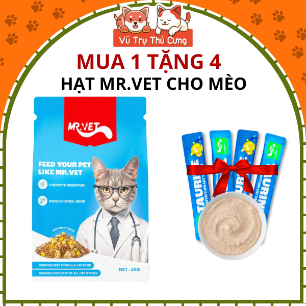 Hạt Mr.Vet Cho Mèo Giàu Đạm, Topping Thịt Sấy Không Độn Ngũ Cốc 1Kg