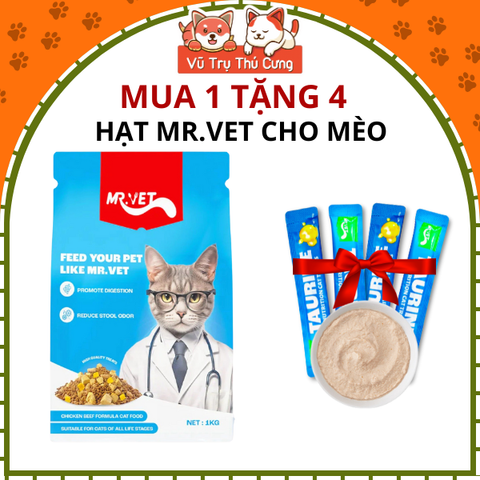 Hạt Mr.Vet Cho Mèo Giàu Đạm, Topping Thịt Sấy Không Độn Ngũ Cốc 1Kg