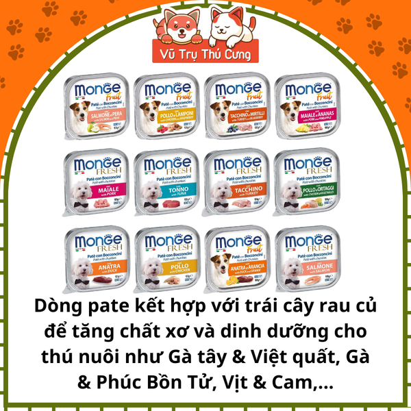 Pate cho Chó MONGE hộp 100g, từ Thịt và Rau củ quả, cung cấp chất xơ và Vitamin cho Chó