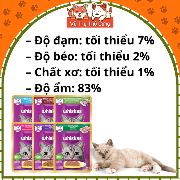 Pate Whiskas dành cho mèo con, mèo trưởng thành 80g