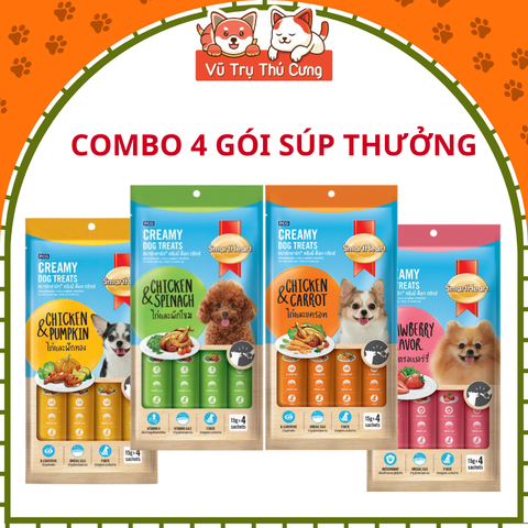 Combo 4 gói Súp thưởng cho Chó Smartheart mix vị, Rau củ và trái cây