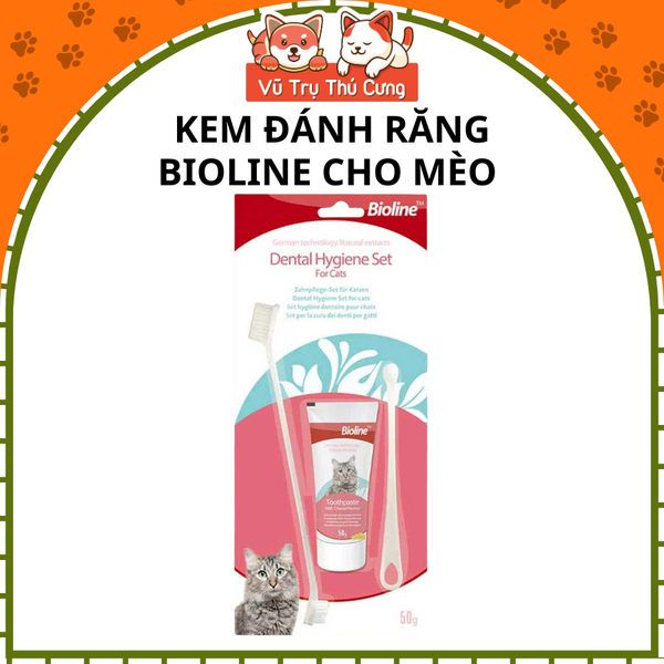 Kem đánh răng cho Mèo kèm bàn chải Bioline 50g, giúp làm sạch răng và giảm hôi miệng cho Mèo