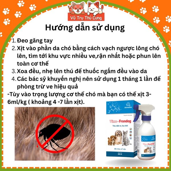 Chai xịt diệt ve rận, bọ chét cho Chó mèo Vime Frondog 250ml