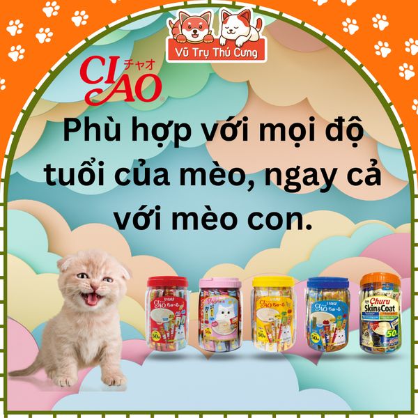 Súp thưởng Ciao Thái Lan cho Mèo, hộp 50 thanh đủ vị