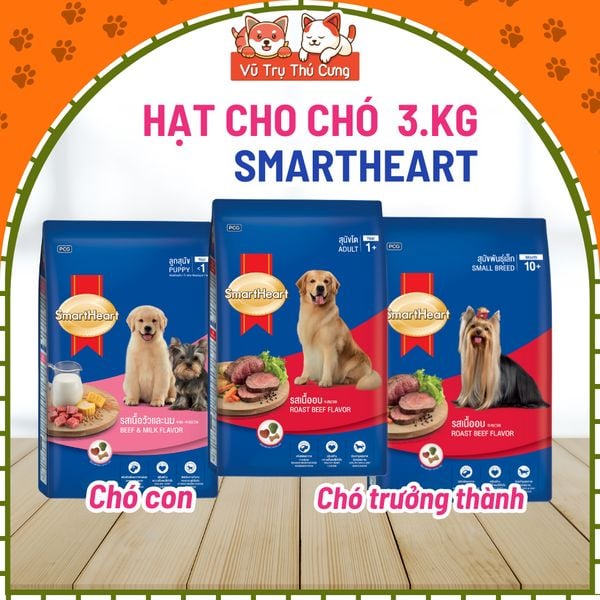 Thức ăn cho chó Hạt Smartheart 3Kg - Dành cho chó con, chó trưởng thành