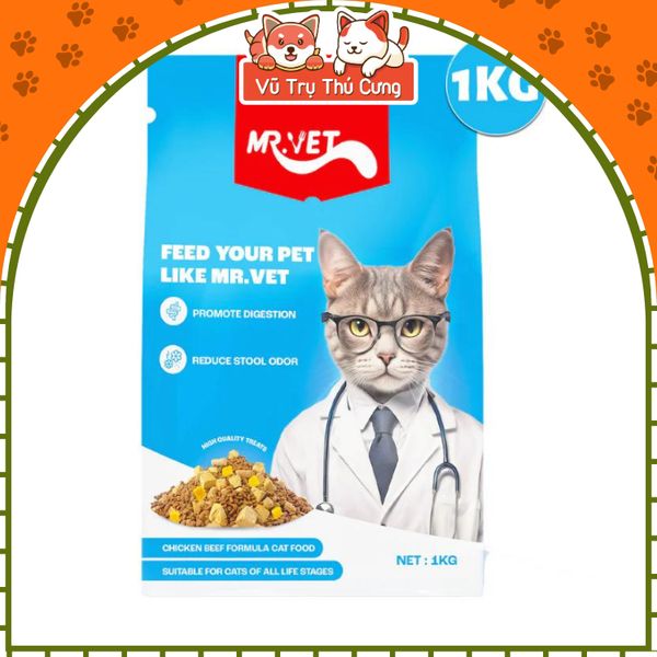 Hạt Mr.Vet Cho Mèo Giàu Đạm, Topping Thịt Sấy Không Độn Ngũ Cốc 1Kg