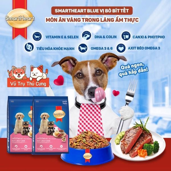Thức ăn hạt SmartHeart Puppy dành cho Chó con vị Thịt bò và sữa 1.3kg