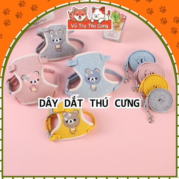 Dây dắt chó mèo dạng Yếm đeo, hoạ tiết mặt gấu dễ thương