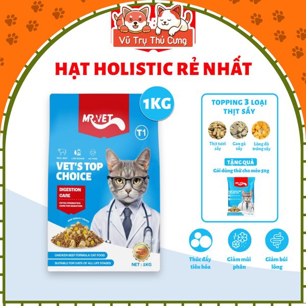 Hạt Mr.Vet Cho Mèo Giàu Đạm, Topping Thịt Sấy Không Độn Ngũ Cốc 1Kg