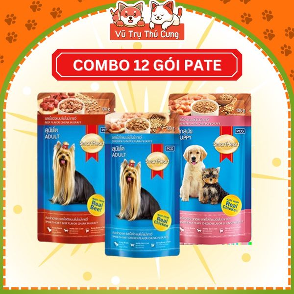 Combo 12 gói Pate Smartheart cho Chó trưởng thành, Chó con 130g