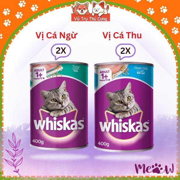 Combo 4 lon Pate Whiskas 400g cho Mèo mix 2 vị Cá ngừ và Cá biển