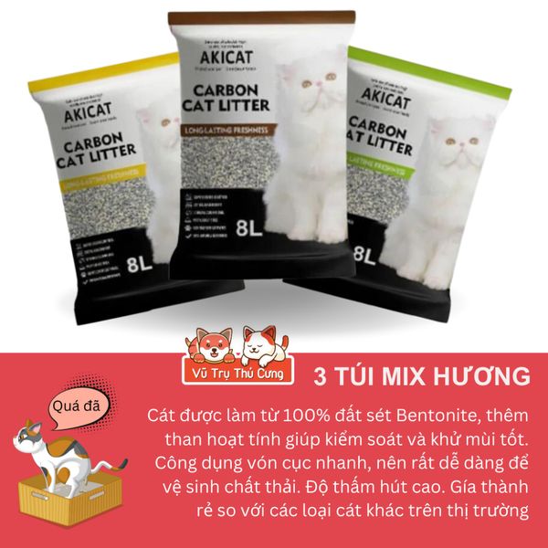 Combo 3 túi Cát vệ sinh cho Mèo than hoạt tính Akicat 8L