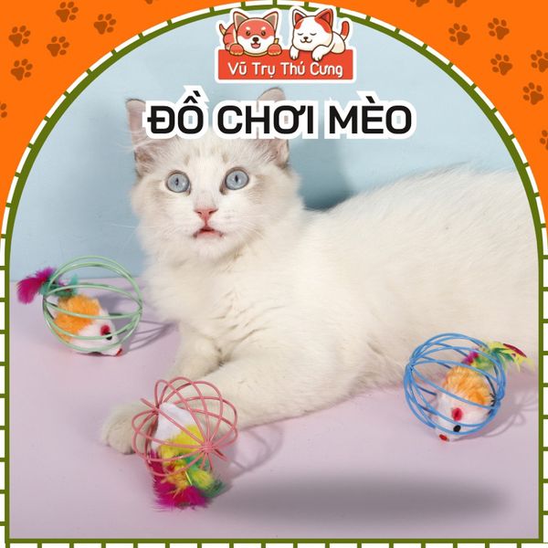 Đồ chơi cho chó mèo, bóng lồng sắt có chuột lông vũ