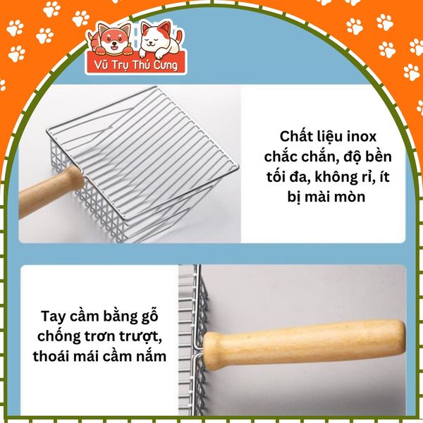 Xẻng xúc cát cho mèo size lớn, chất liệu inox, cán gỗ chắc chắn
