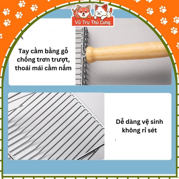 Xẻng xúc cát cho mèo size lớn, chất liệu inox, cán gỗ chắc chắn