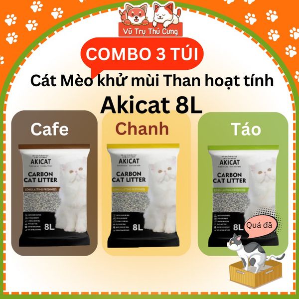Combo 3 túi Cát vệ sinh cho Mèo than hoạt tính Akicat 8L