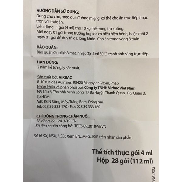 Gel dinh dưỡng MEGADERM VIRBAC dưỡng lông, giảm ngứa cho Chó Mèo | tuýp dầu cá Megaderm dưỡng lông và dưỡng da chó mèo2