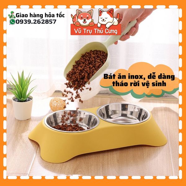 Khay Đựng Thức Ăn Cho Chó Mèo Kèm 2 Bát Inox Dễ Dàng Vệ Sinh
