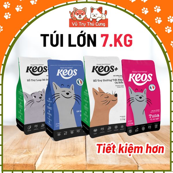 (7Kg) Thức Ăn Hạt Cho Mèo Keos Hỗ Trợ Tiết Niệu và Tiêu Búi Lông