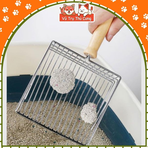 Xẻng xúc cát cho mèo size lớn, chất liệu inox, cán gỗ chắc chắn