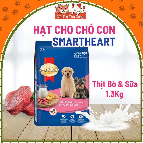 Thức ăn hạt SmartHeart Puppy dành cho Chó con vị Thịt bò và sữa 1.3kg
