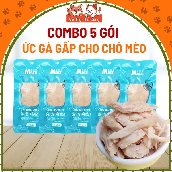 Combo 5 Gói Ức Gà Hấp Cho Chó Mèo Masti 40g