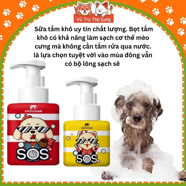 Sữa tắm khô cho Chó Mèo dạng bọt SOS, dịu nhẹ cho Chó con, mèo con
