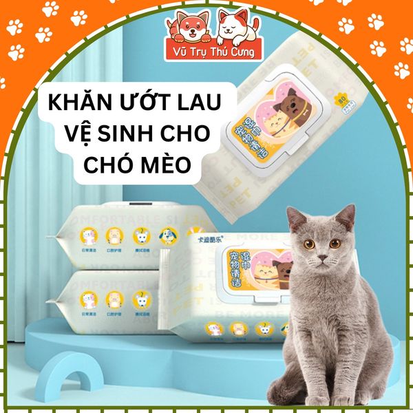 Khăn giấy ướt kháng khuẩn, tắm khô cho chó mèo - Vệ sinh tai mắt cho thú cưng (80 miếng)