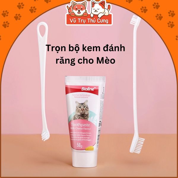 Kem đánh răng cho Mèo kèm bàn chải Bioline 50g, giúp làm sạch răng và giảm hôi miệng cho Mèo