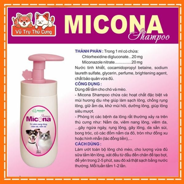 Sữa tắm Micona loại bỏ nấm ngứa, viêm da, khử mùi cho Chó Mèo 200ml
