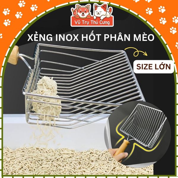 Xẻng xúc cát cho mèo size lớn, chất liệu inox, cán gỗ chắc chắn