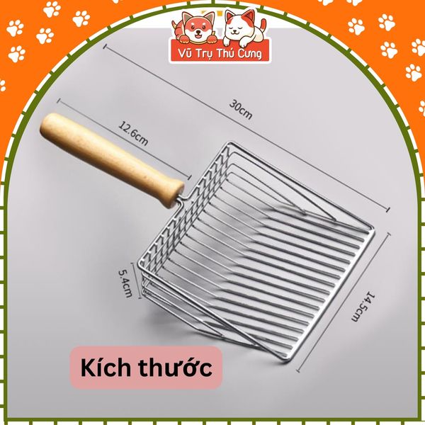 Xẻng xúc cát cho mèo size lớn, chất liệu inox, cán gỗ chắc chắn