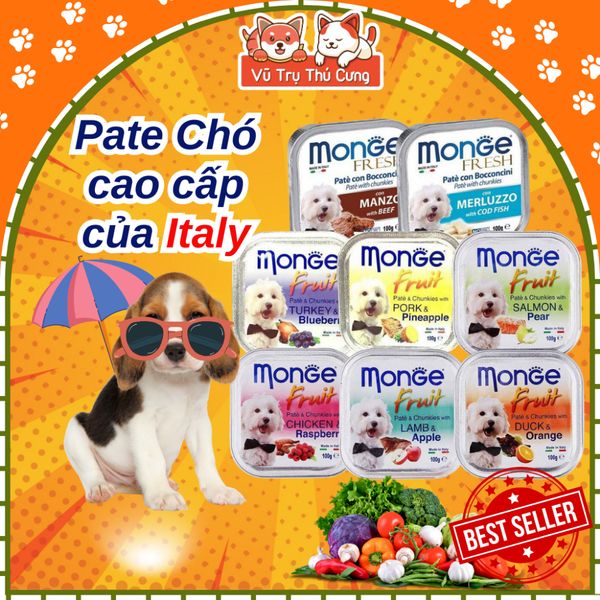 Pate cho Chó MONGE hộp 100g, từ Thịt và Rau củ quả, cung cấp chất xơ và Vitamin cho Chó