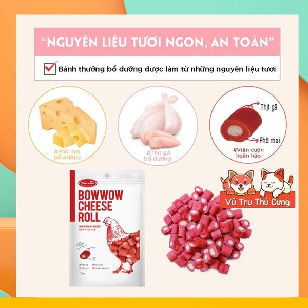 Snack cho Chó Phô mai cuộn Thịt gà Bowwow Hàn Quốc 120g