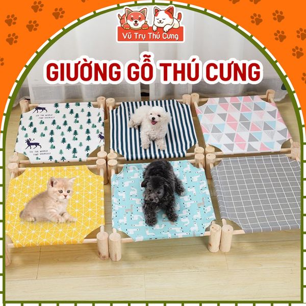 Giường gỗ cho thú cưng, Võng cho chó mèo họa tiết xinh xắn