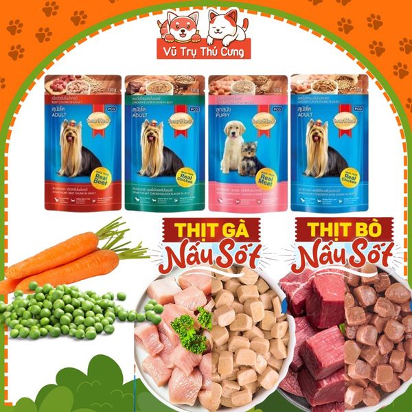 Pate cho Chó Smartheart dạng gói 130g, thành phần từ Thịt bò, thịt gà và Rau củ