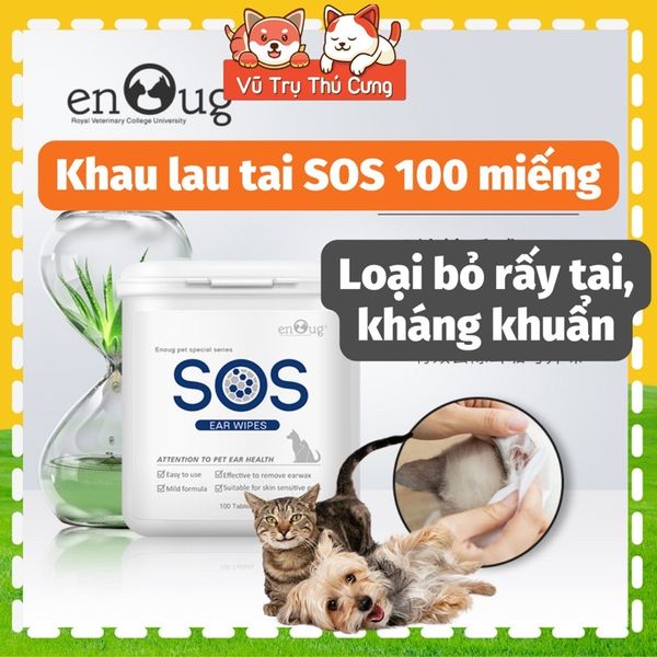 Khăn ướt lau tai cho Chó Mèo SOS, 100 miếng, vệ sinh tai sạch sẽ