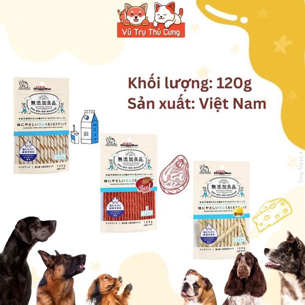 Snack cho Chó dạng que gặm DoggyMan 120g, Hương Sữa, Phô mai, Bò