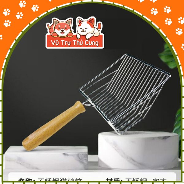 Xẻng xúc cát cho mèo size lớn, chất liệu inox, cán gỗ chắc chắn
