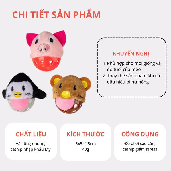 Đồ chơi banh tròn hình thú chứa chuông & catnip FOFOS2
