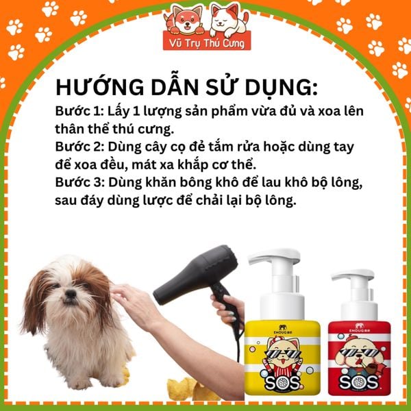 Sữa tắm khô cho Chó Mèo dạng bọt SOS, dịu nhẹ cho Chó con, mèo con