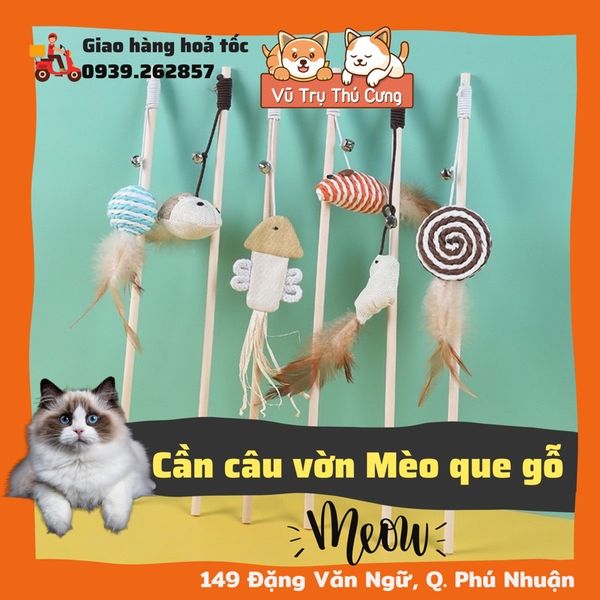 Cần câu vờn mèo lục lạc lông vũ, chất liệu gỗ