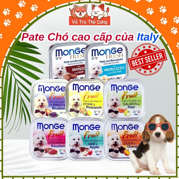 Pate cho Chó MONGE hộp 100g, từ Thịt và Rau củ quả, cung cấp chất xơ và Vitamin cho Chó
