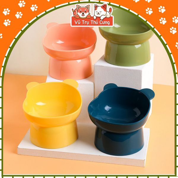 Bát ăn cho chó mèo chống gù lưng, họa tiết tai gấu màu pastel